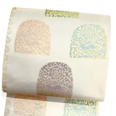 袋帯　兎　桜花　抽象模様　波　くすみパステルカラー　着物　123b d ms