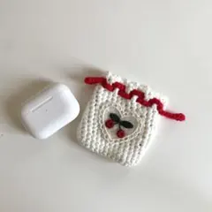 編み物 巾着 AirPodsケース ポーチ 赤 さくらんぼ 刺繍 巾着袋