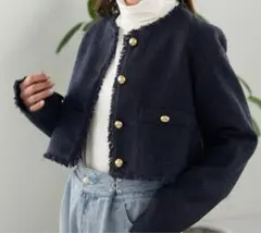 ネイビー ツイードジャケット フリンジ