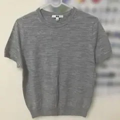 UNIQLO ユニクロ　トップス　クルーネック　半袖ニットL グレー　毛100%
