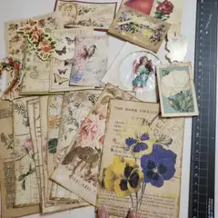 コーヒー染めの紙素材などのセット②植物 英字 ジャンクジャーナルやコラージュ用