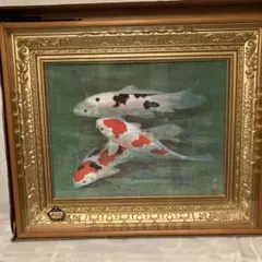 油絵 杉本進『遊鯉』 直筆サイン入り 象元会委員 装飾的な金色フレーム