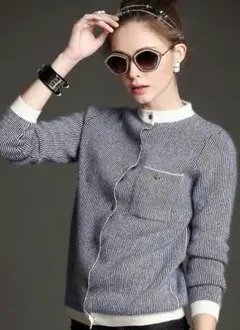 新品上質カシミヤ、ウール混　ストライプカーディガン ニット　紺　M