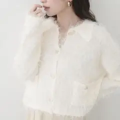 natural couture ラメ入りフェザー衿付きニットカーデ