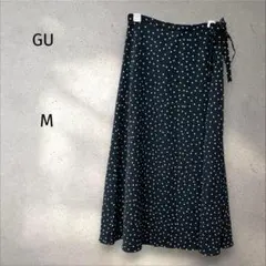 GU＊ドット柄 ロングスカート 【M】ネイビー 水玉 ウエストリボン