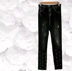 美品✨レギパン レギンス デニム風【F】ブラック 黒 ゴム パール ビジュー