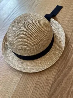 ベージュ Mサイズ　 麦わら帽子 ネイビーリボン