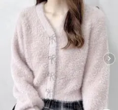 INGNI Vネックリボンボタンフェザーニットカーディガン ピンク