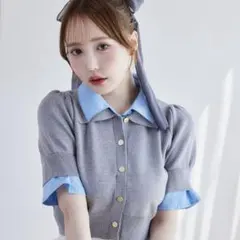 グレー 水色 ボタン付きニット 半袖　レイヤード襟付きポロニット