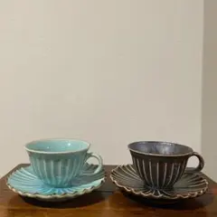 新品 カネコ小兵 ぎやまん陶 コーヒーカップ＆ソーサー 茄子紺 利休茶