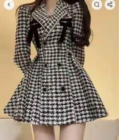 千鳥柄　エレガント　ワンピース　コート　リボン　黒