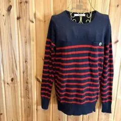 【シュカグローバルワーク】ニット　長袖　ボーダー柄　前ポケット付　ネイビー系