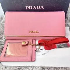 良品 PRADA サフィアーノ メタルロゴ 長財布 カードケース ピンク 