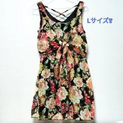 レディース　ノースリーブ　ミニ丈ワンピース　花柄　リボン　Lサイズ　新品未使用❣