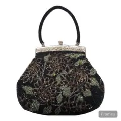 ビーズバッグ　パーティーバッグ　ビーズ　刺繍　花柄　バッグ　ブラック　小さめ