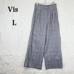 【ビス】ワイドパンツ Lグレー ウエストゴム チェック柄 ストレートシルエット