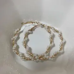 パール付き ツイストデザイン フープピアス ゴールド 大ぶり