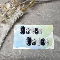 【現品サイズ 14348】ショートオーバル 和風 花 ネイビー 冬ネイル