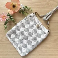 ハンドメイド　ポシェット　ショルダーバッグ　アフガン編み　ブロック模様　かぎ編み