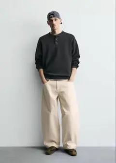 ZARA ヘンリーネック テクスチャー スウェットシャツ M ユーズド加工