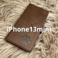 iPhone13mini 手帳型スマホケース　レザー　茶　肉球　犬　猫　足あと