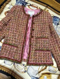 超希少 極美品 CHANEL ツイード アセテート ノーカラージャケット シャネル CHANEL ノーカラーツイードジャケット P76339 ピンク
