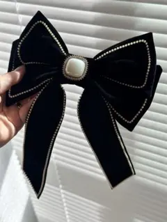 大きめ　ベロア　ベルベット　パール　ラインストーン　リボン　ヘアバレッタ　ピン