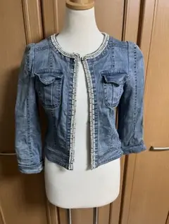 SHAKE SHAKE ノーカラー M ビーズ装飾付き デニムジャケット