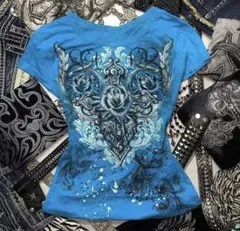 y2k グランジ 平成ギャル Tシャツ ピチT ブルー Mサイズ