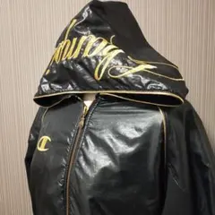 【美品】Champion フード付ジャージ 黒　 チャンピオン パーカー 金　m