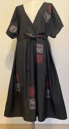 村山大島紬　蝶柄　カシュクールワンピース　ストールセット