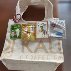 カルディ福袋バッグ 手ぬぐいエコバッグ、お茶、チョコ、福飴5点