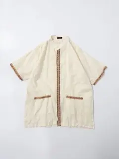80s ヴィンテージ パイピングノーカラー半袖シャツ 民族 ヴィンテージ古着