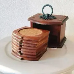 木製スタンド付きコースター8枚セット　古道具　ヴィンテージ雑貨　昭和レトロ