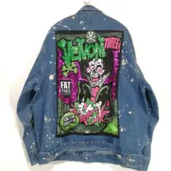 ビッグパッチ デニムジャケット ペイント スカル ブリーチ加工 スパンコール L