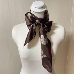 58 花柄 スカーフ ブラウン 大判 フラワー 薔薇 菊 78×78cm 光沢