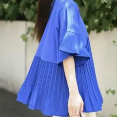 新品　＆HALF フレア　トップス　プリーツ　青　ブルー　春　夏