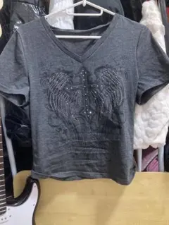 グレー Vネック 半袖Tシャツ ストーン装飾