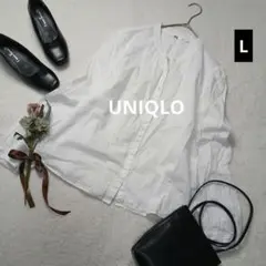 2060ꕤユニクロ コットンボリュームスリーブブラウス【L】白 スタンドカラー