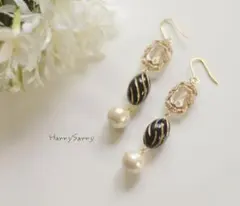 デザインビーズとコットンパールのピアス