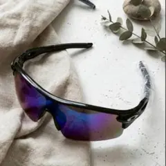 スポーツサングラス UV400 男女兼用 ブラック×ブルーミラー 眩しさ軽減