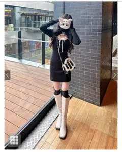 フロントオープン配色リボンワンピース[ru1355]