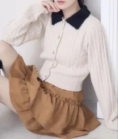 ems excite シャギー襟ケーブルカーディガン ナチュラル