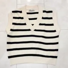 ZARA ゆったり ニットベスト Vネック ボーダー Lサイズ 畦編み