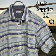 美品★ハッシュパピー【Hush Puppies】半袖シャツ 麻 刺繍 ボーダーLのサムネイル