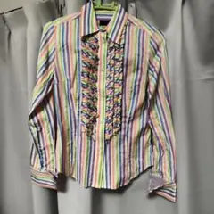 ポールスミスブラック　ストライプ フリル付き長袖シャツ