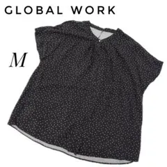【美品】グローバルワーク ドット柄フレンチスリーブブラウス M とろみ素材 黒のサムネイル