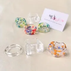 流行 ✴︎ オレンジ ウェーブ アクリルリング  クリアリング 3点セット 韓国