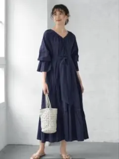 美品✨定価1.4万❤️ 麻 青 ロッソ リボンスリーブギャザーワンピース 