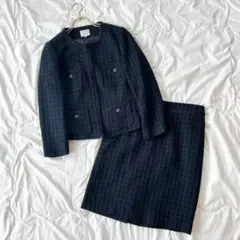 美品 自由区　ノーカラージャケット　ツイード　セットアップ　ネイビー　40サイズ